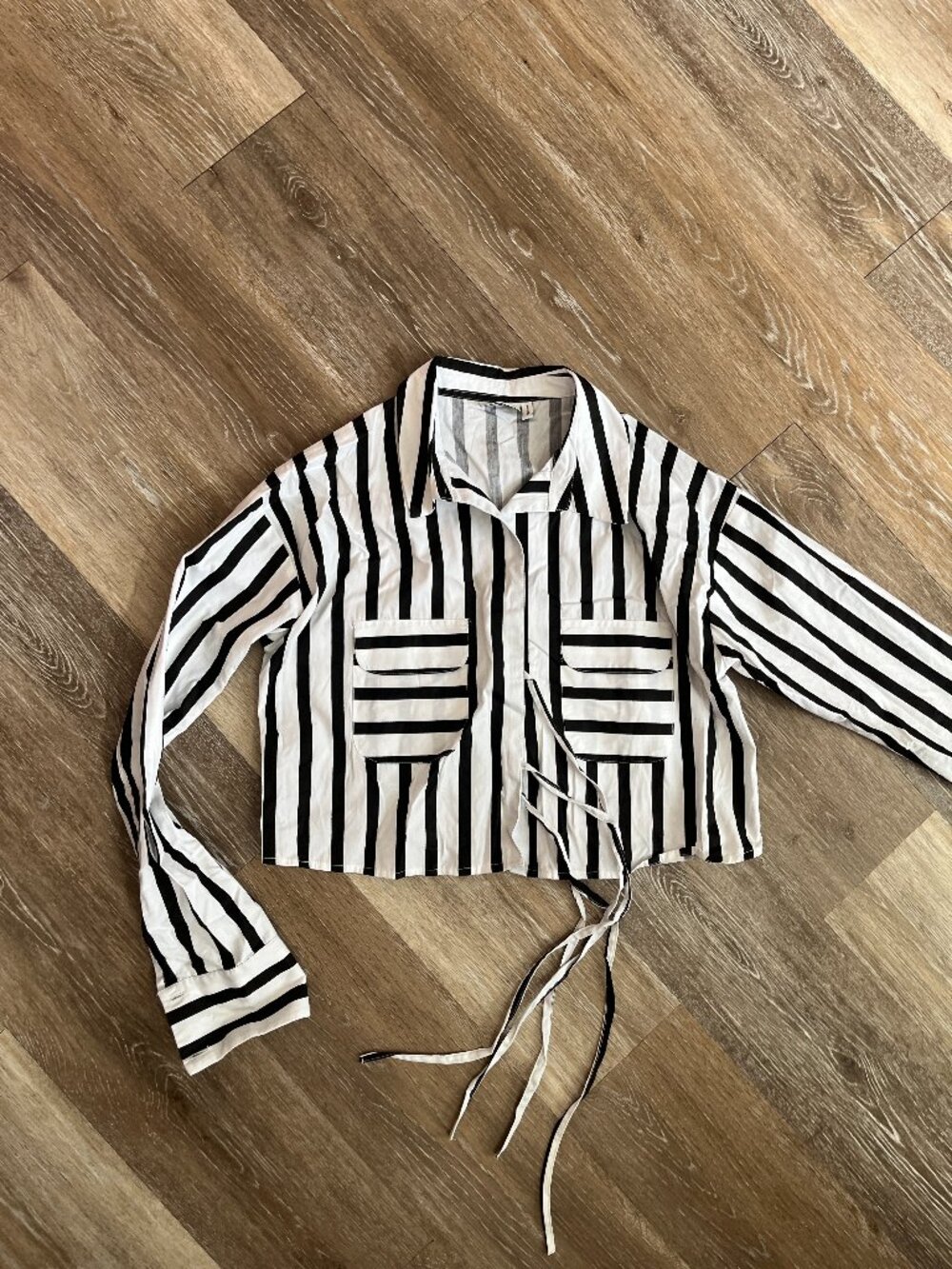 Beetlejuice-esque Striped Cropped Tie Front Collared Blouse